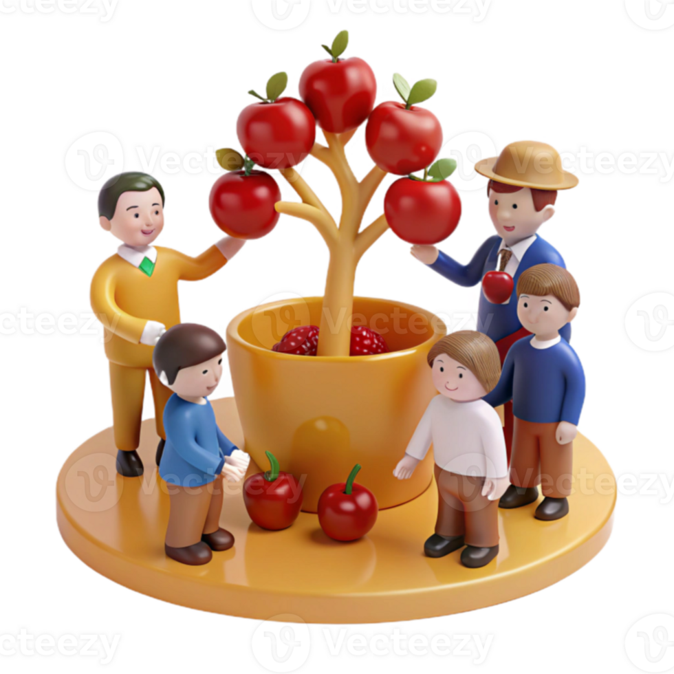Family of Characters Around an Apple Tree png