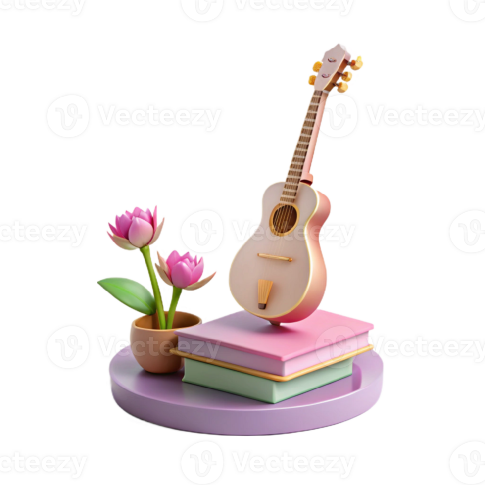 Acoustic Guitar on Books with Pink Flowers 3D Icon png