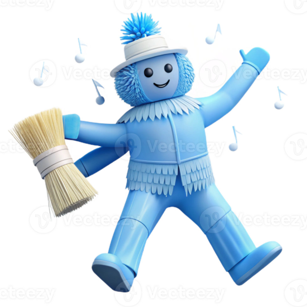 Happy Blue Character with Broom png