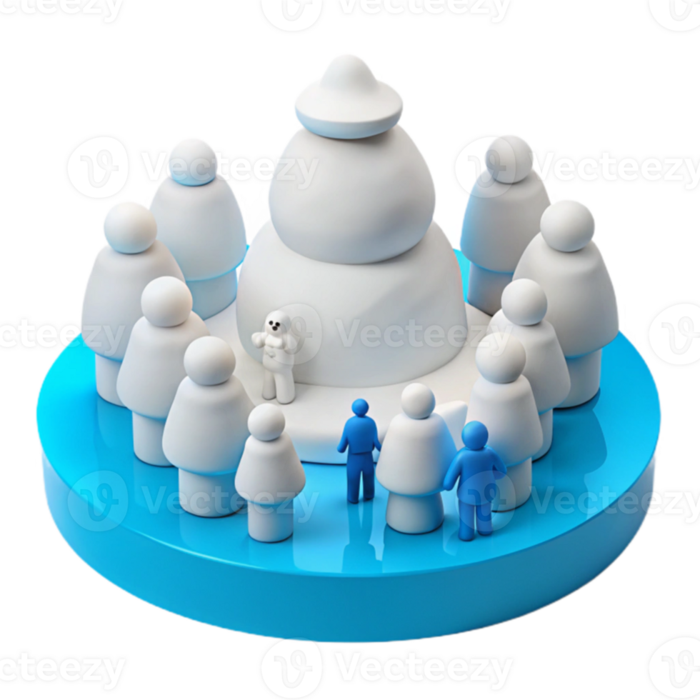 3d people standing around a snowman on a blue platform png