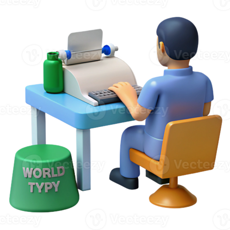 3D Character Typing on a Computer png
