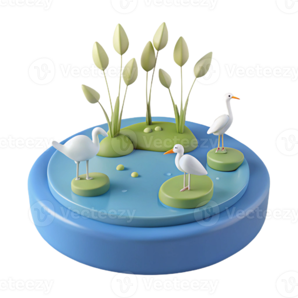 3D Birds in Pond with Plants png
