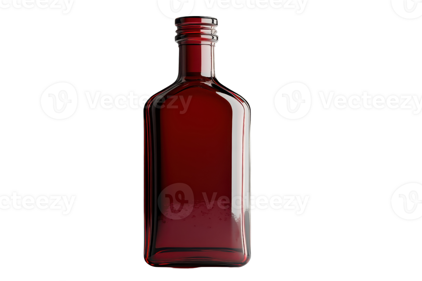 A close-up image of an empty, translucent, red glass bottle with a screw top, isolated on a transparent background. Ideal for packaging design. png