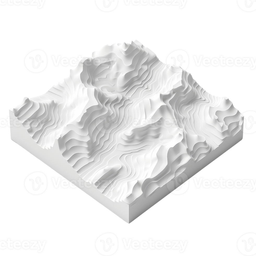 3D topographic map model with contour lines of mountain terrain, showcasing elevation details in white, on a transparent background. png