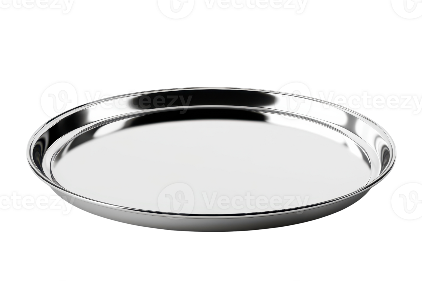 A shiny, empty stainless steel serving tray with a reflective surface, isolated on a transparent background. Ideal for kitchen and food-related photos. png