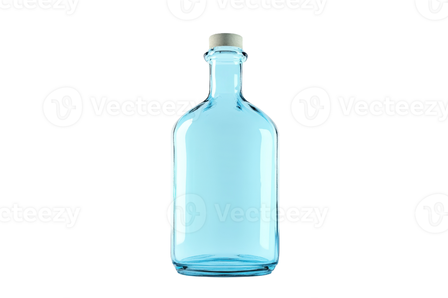 Close-up of a blue glass bottle with a cork stopper, ideal for decoration, storage, and crafts. png