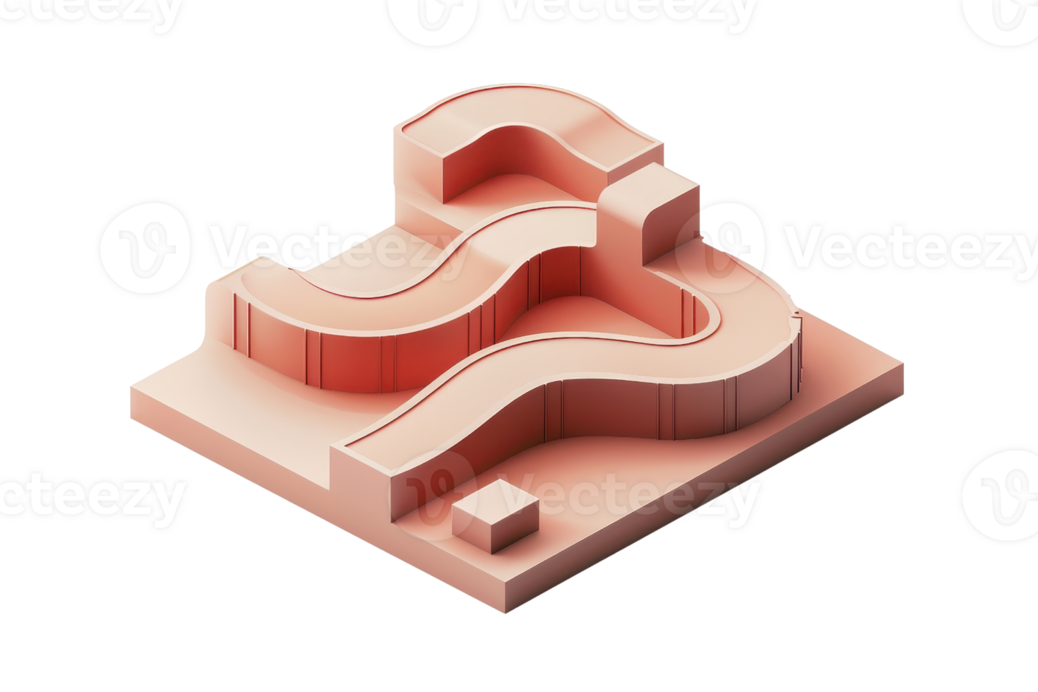 Abstract 3D render of a pastel pink geometric structure with curving pathways and layered design on a flat base. png