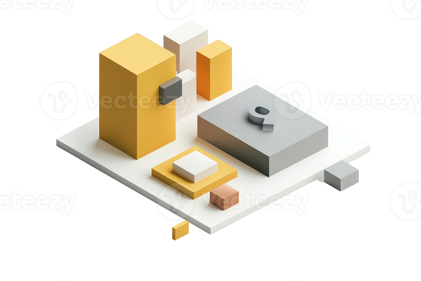 Abstract 3D geometric shapes and blocks in yellow, white, and gray on a transparent background. minimalistic and modern design. png