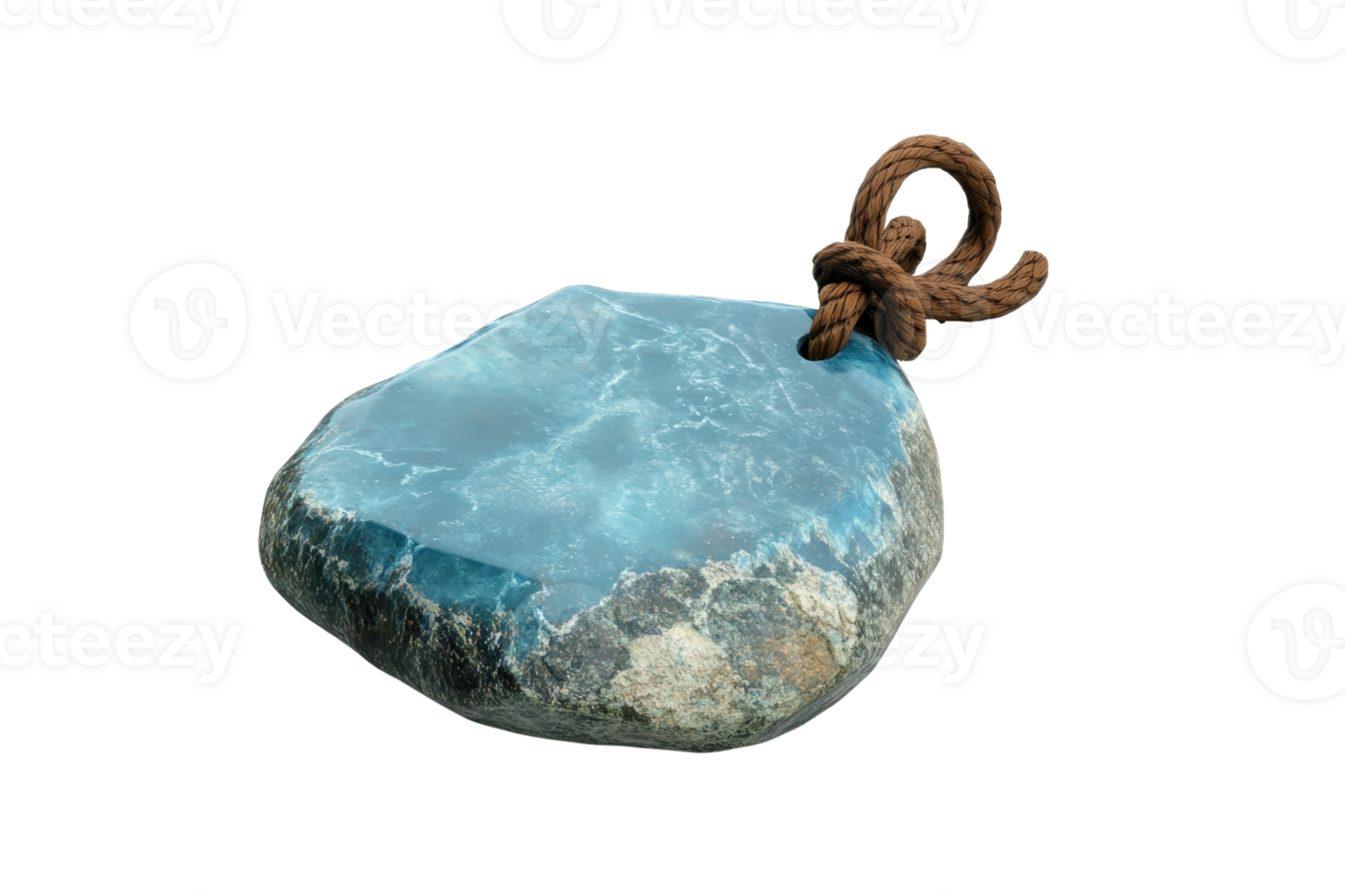 Blue polished stone pendant with natural texture and rope loop, isolated on transparent background. for jewelry or fashion accessory design. png
