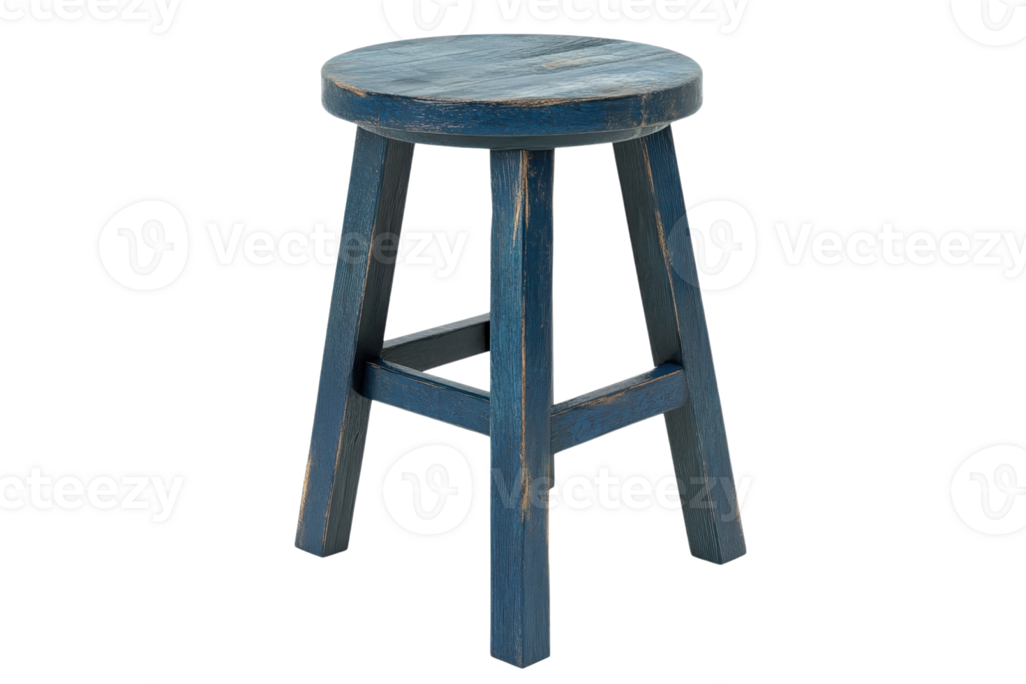 Blue wooden stool with a round seat and three legs. Perfect for home decor, rustic settings, or casual seating. png