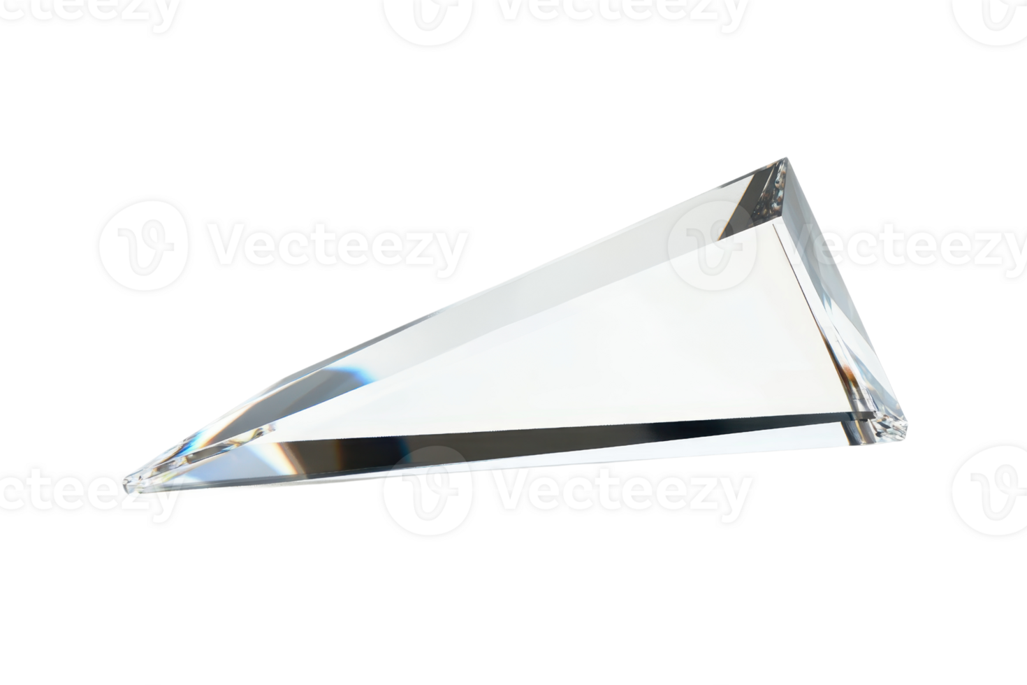 Close-up of a clear glass prism on a transparent background. showcasing its sharp edges and sleek design, perfect for science and art illustrations. png