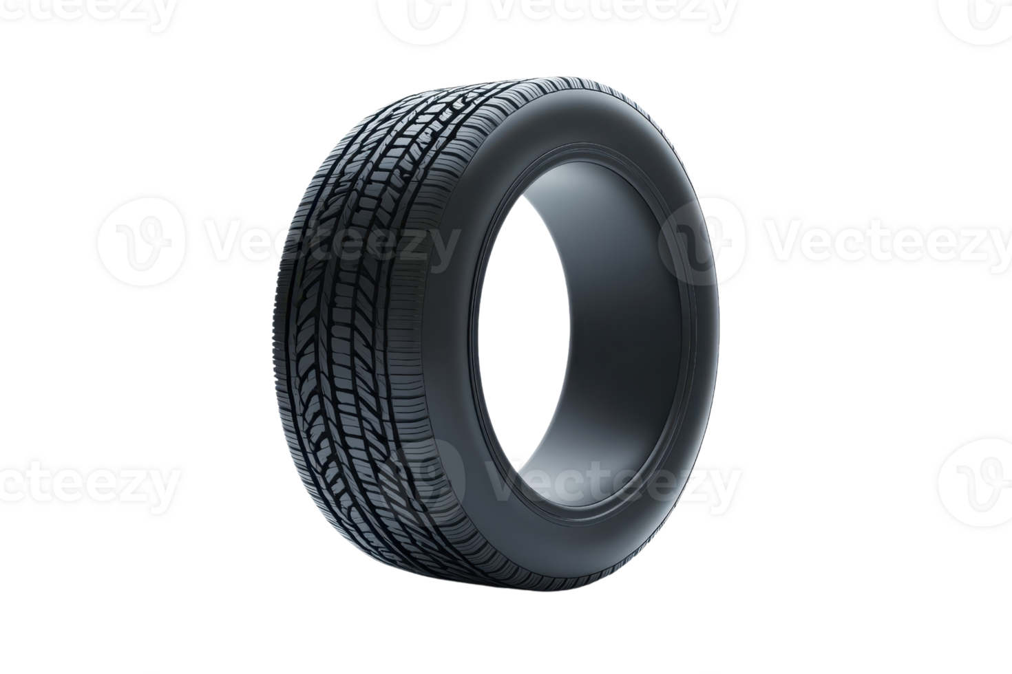 Close-up view of a black car tire with detailed tread, displayed against a transparent background. Perfect for automotive and industrial themes. png