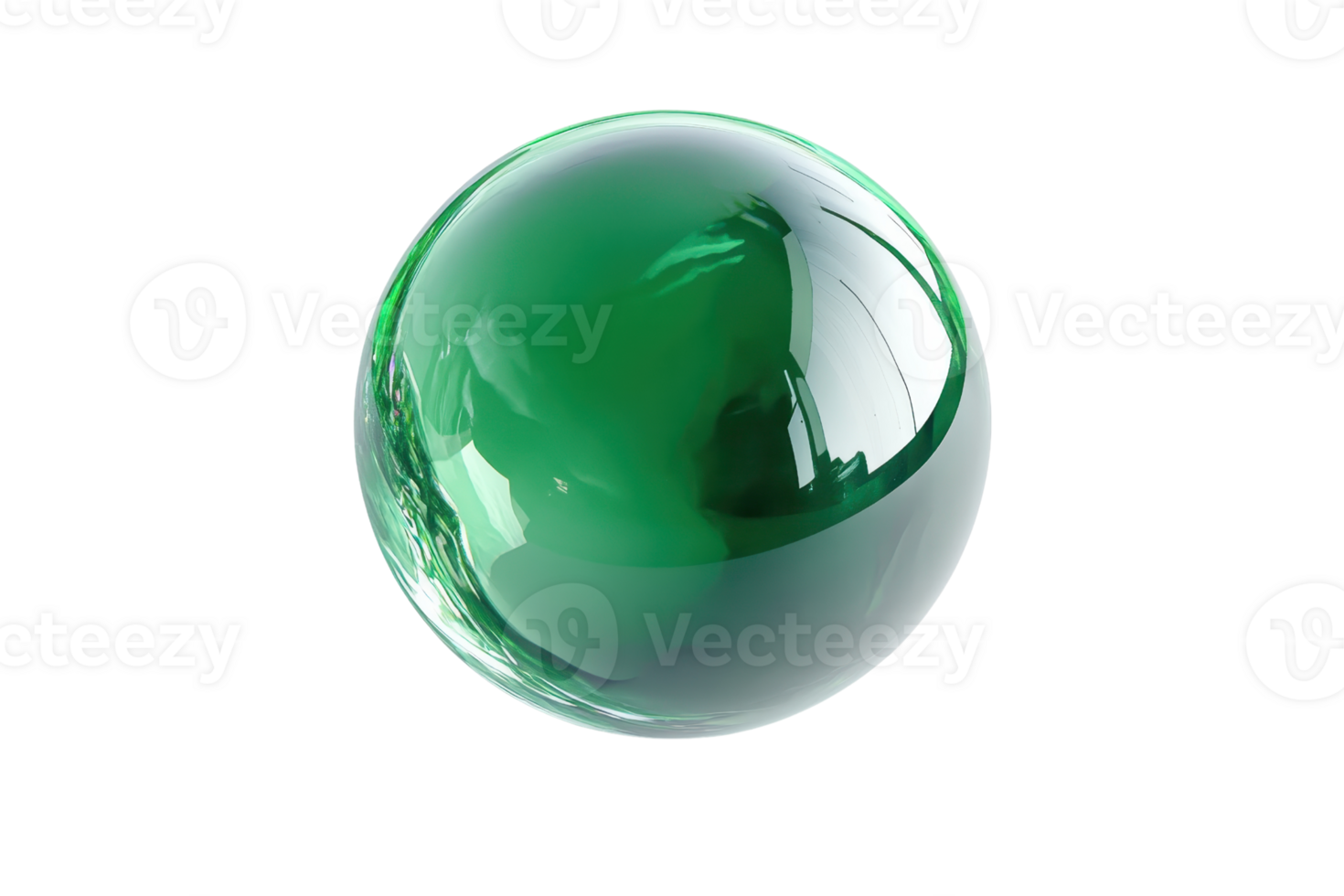 Green glass sphere isolated on transparent background. reflective surface creating interesting light reflections and shadows. png