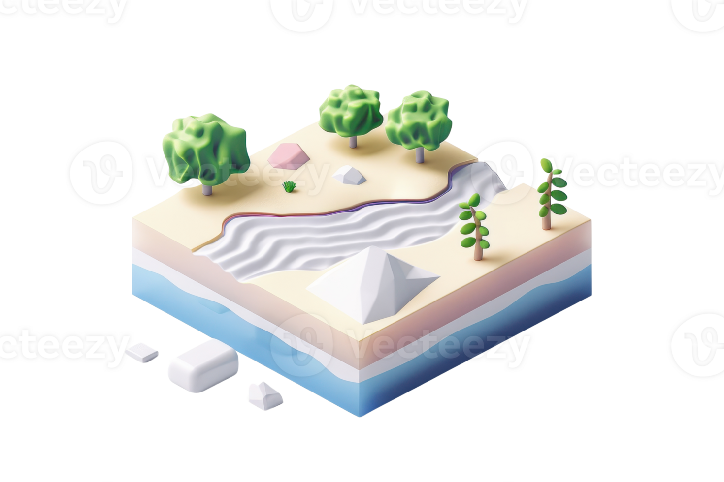 Isometric illustration showing a 3D slice of land with forest, river, rocks, and trees, representing natural landscape elements. png