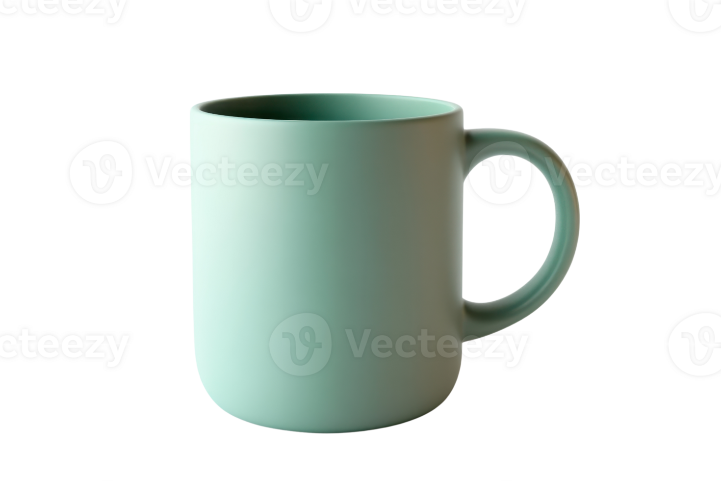 Minimalist light green mug with a handle on a transparent background. Perfect for coffee, tea, and hot beverages. Simple and elegant design. png
