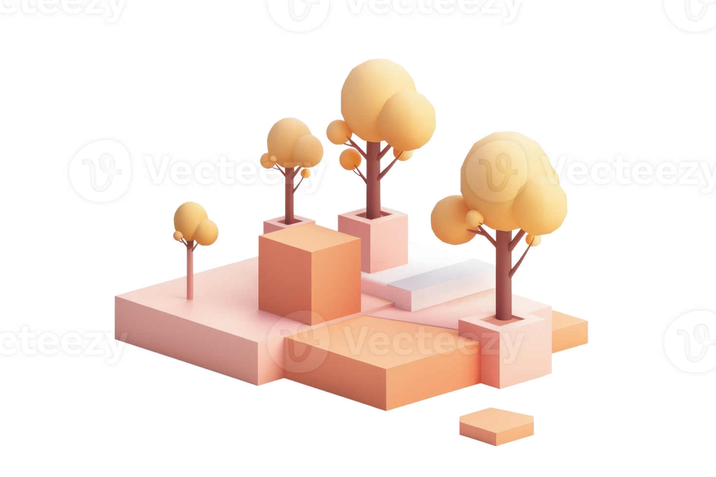 Minimalistic 3D isometric illustration with abstract geometric shapes and stylized trees in soft pastel colors. Modern digital art concept. png