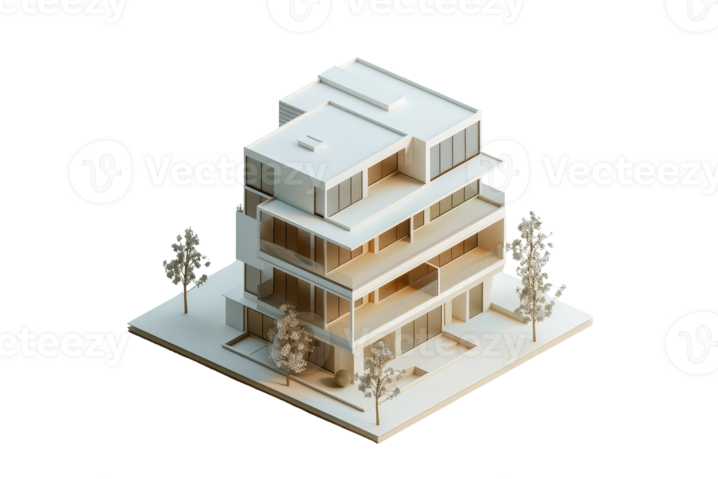 Modern architectural model of a multi-story building with minimalist design and clean lines, showcasing urban residential layout. png
