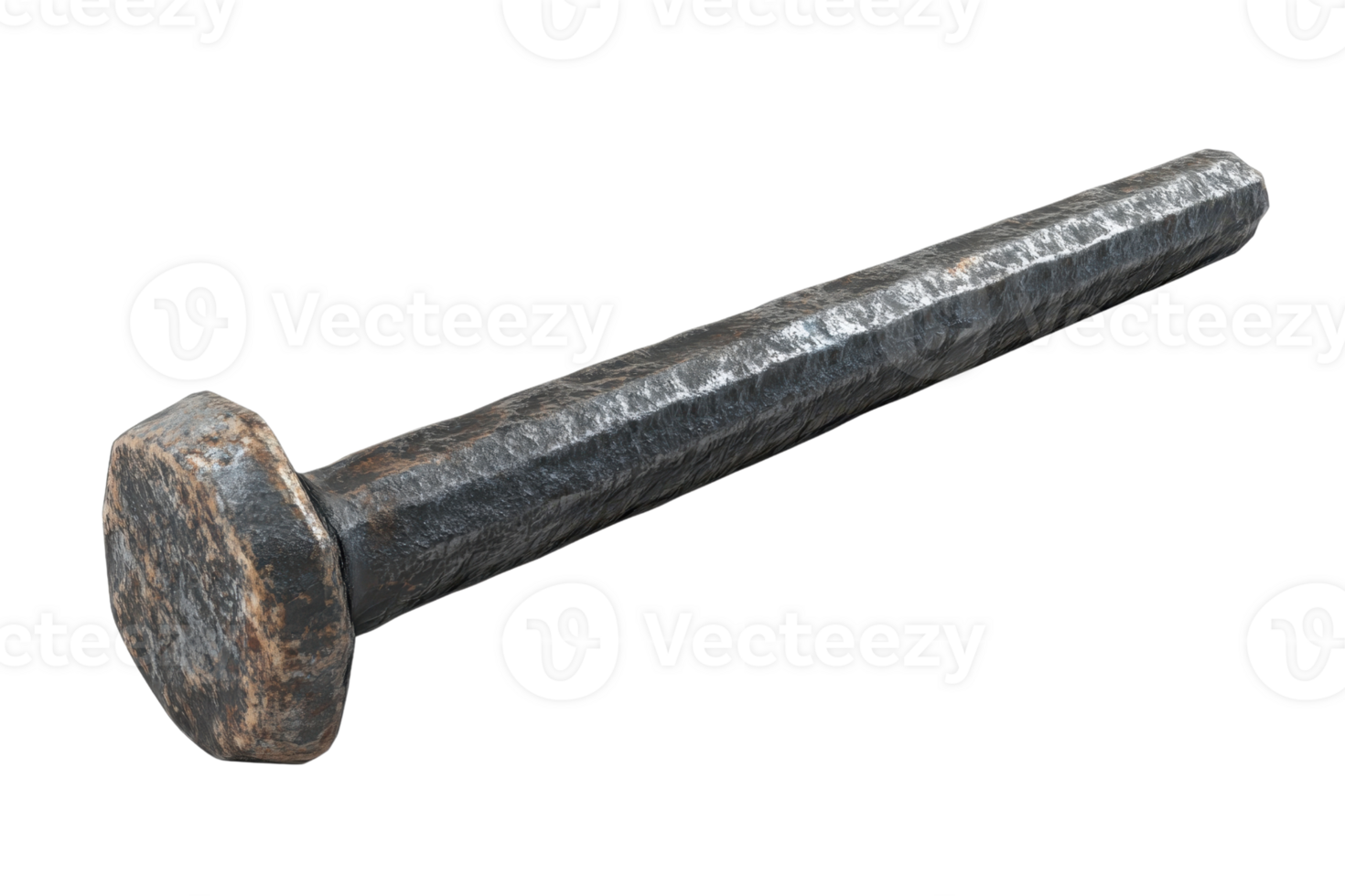 Old rusty railroad spike isolated on a transparent background. showing wear and patina from years of use in construction and engineering projects. png