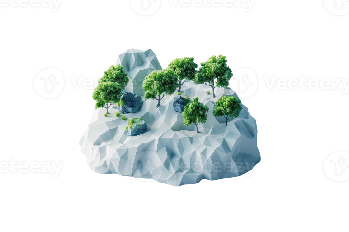 Polygonal 3D model of a floating island with trees, representing abstract nature and modern digital art. png