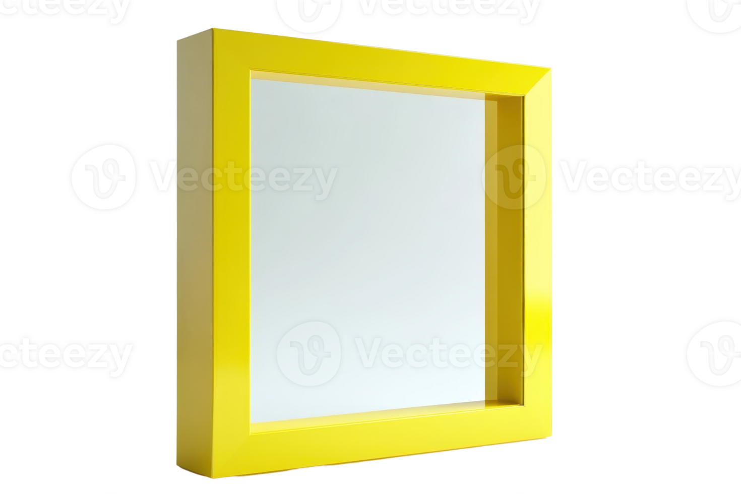 Modern yellow square photo frame with reflective glass and minimalist design, isolated on a transparent background. png
