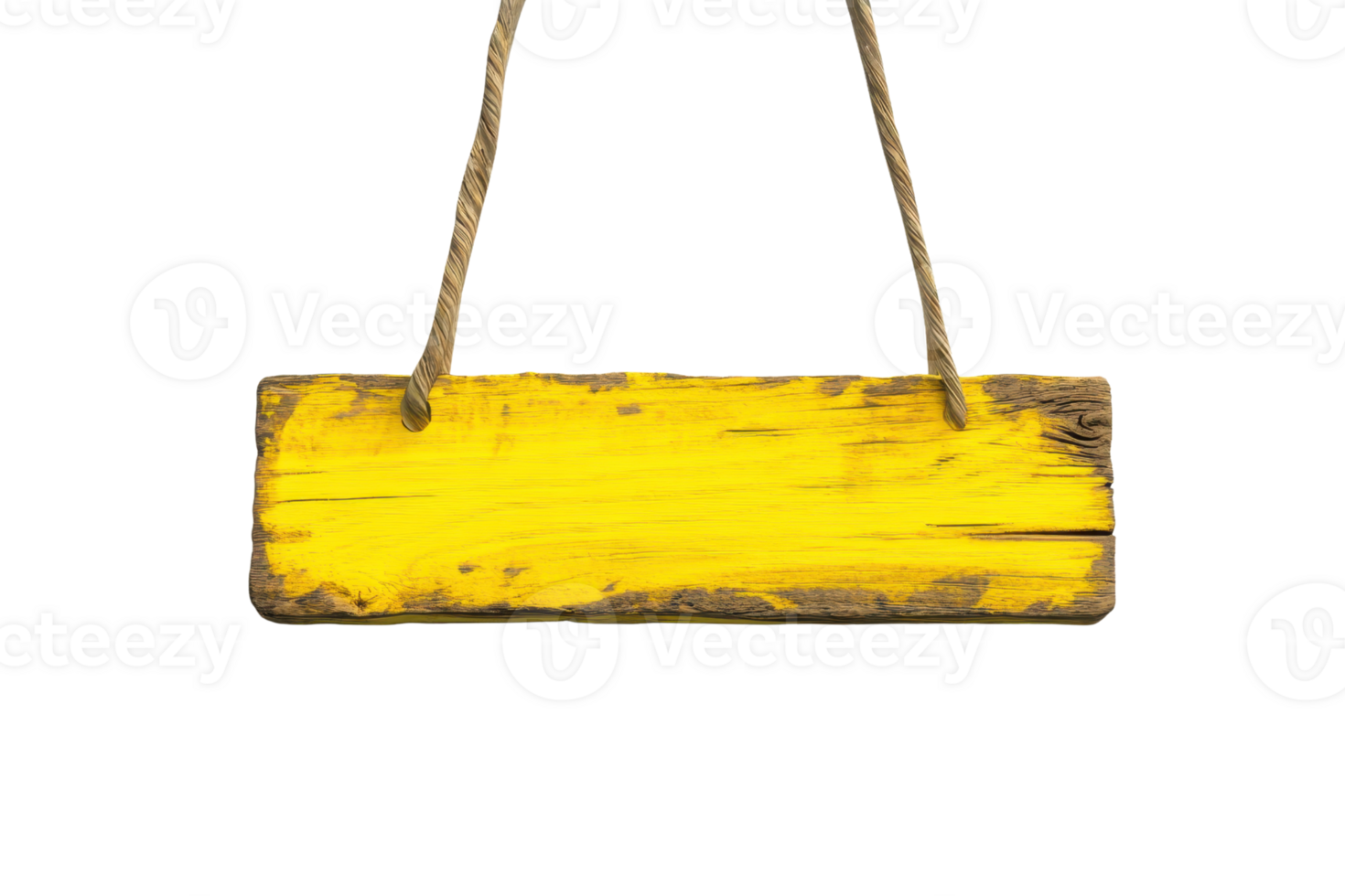 Empty rustic yellow wooden sign with hanging rope isolated on transparent background. Perfect for advertisements, messages, and artistic projects. png