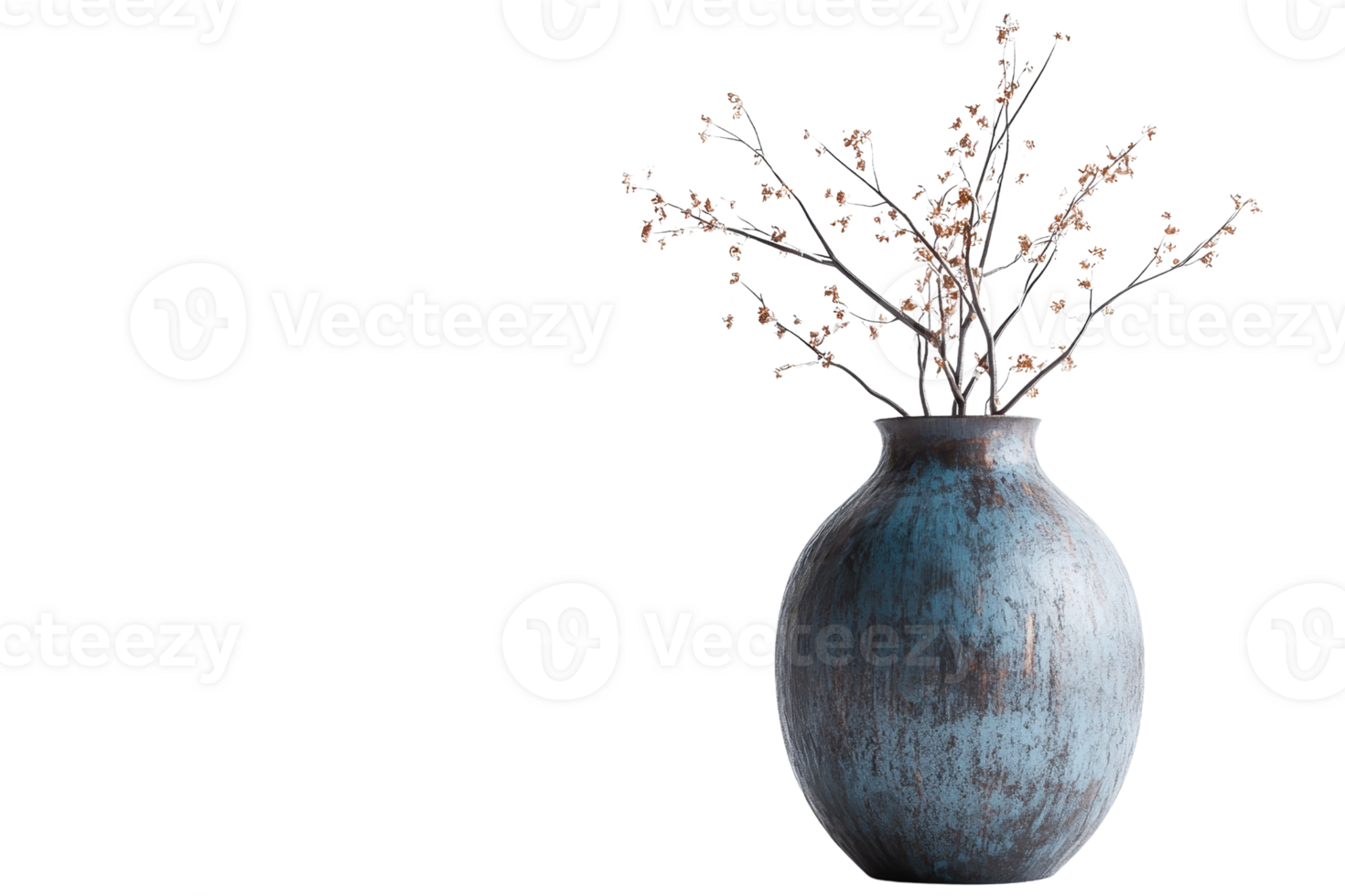 Rustic blue vase with dried branches, minimalistic decor, isolated on transparent background. Ideal for home and interior design concepts. png