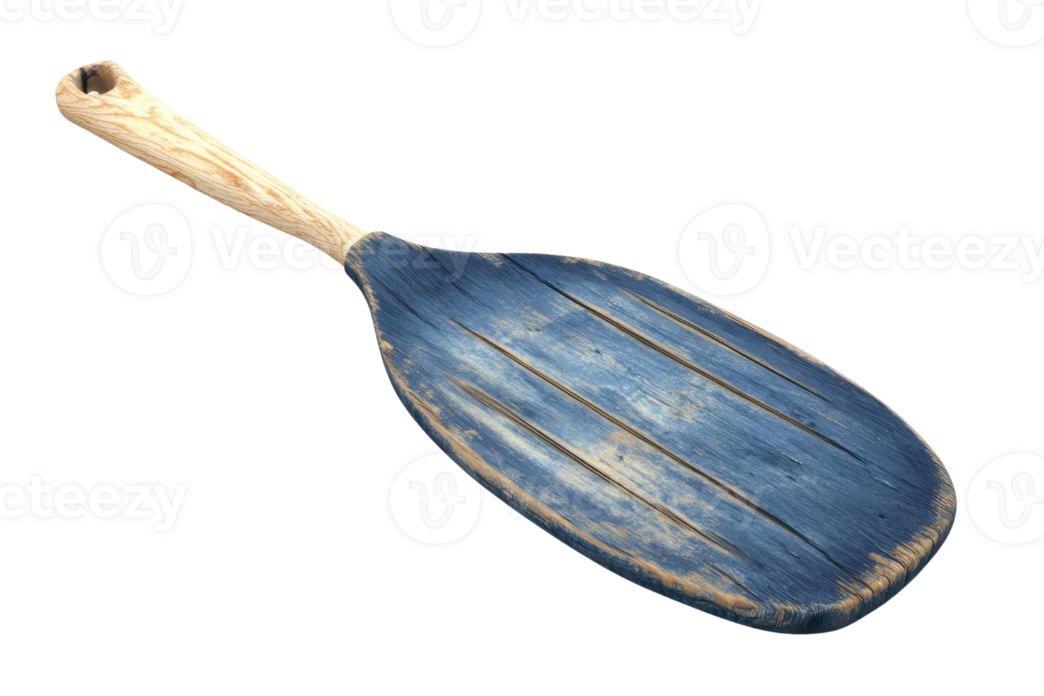 Rustic wooden boat paddle with a weathered blue blade and natural handle, perfect for nautical-themed decor or outdoor adventure visuals. png
