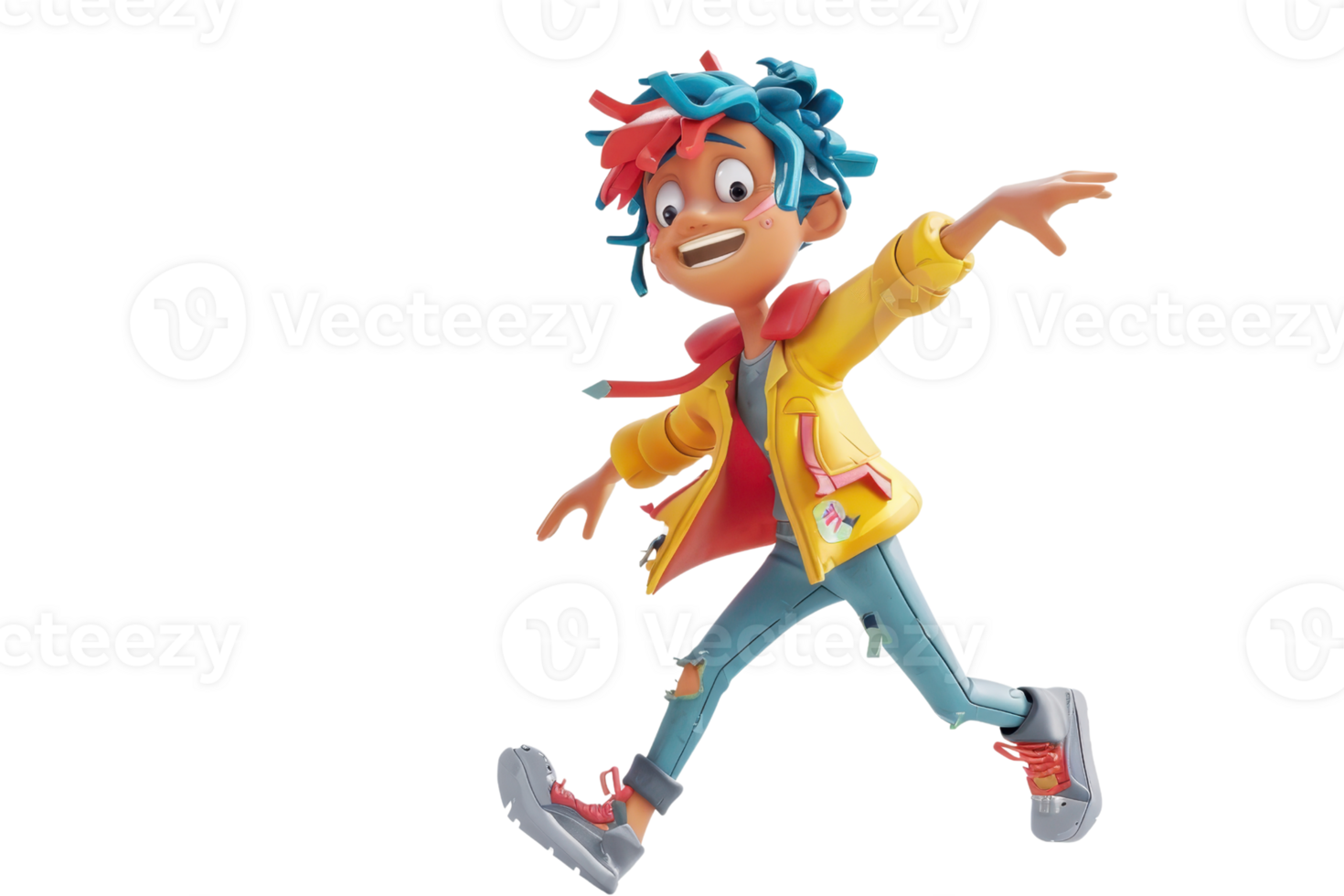 Vibrant animated character with colorful hair and casual outfit, jumping with joy and enthusiasm on a transparent background. png