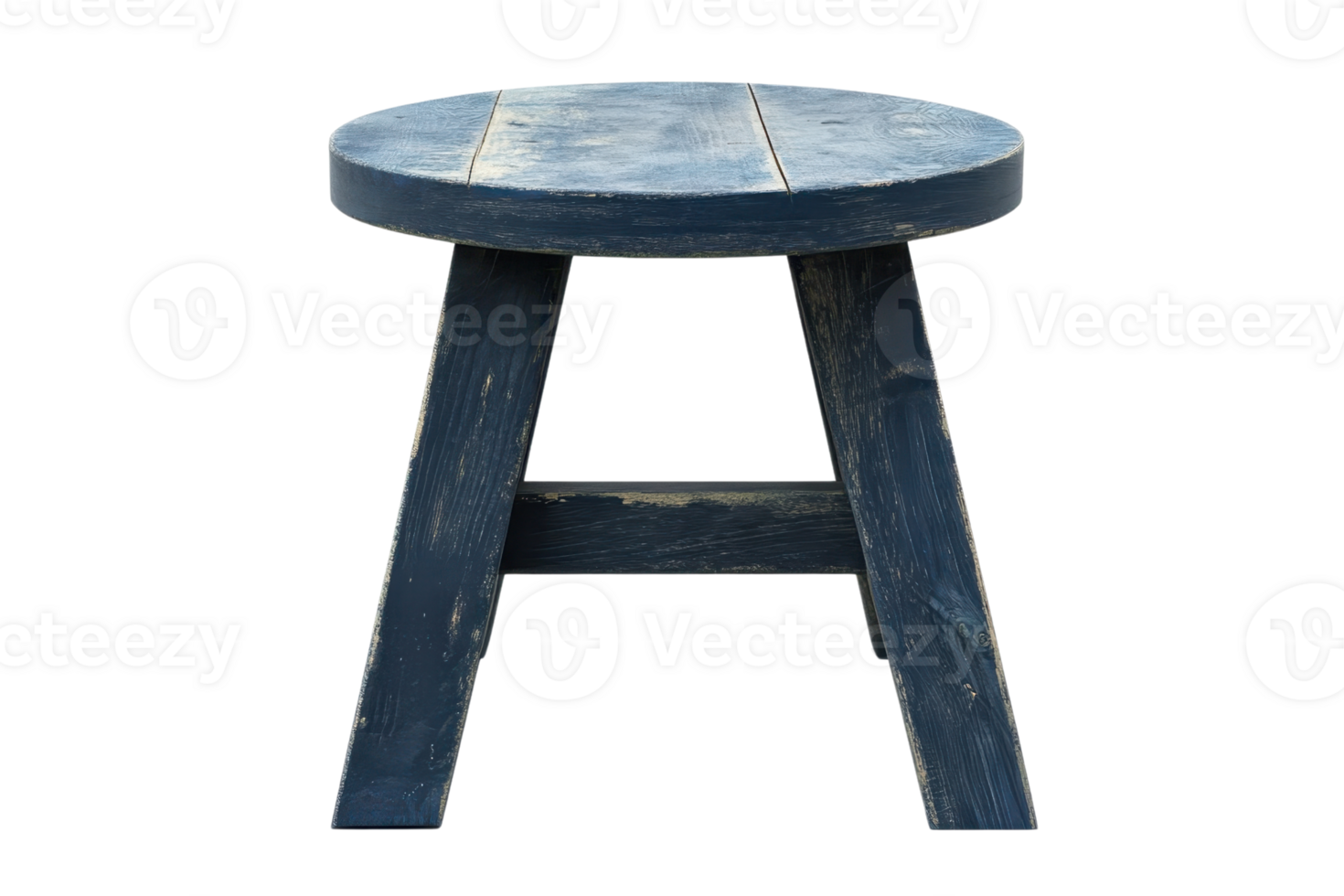 Vintage blue wooden stool with a round seat and three legs. Perfect for rustic home decor or as a functional seating piece. png