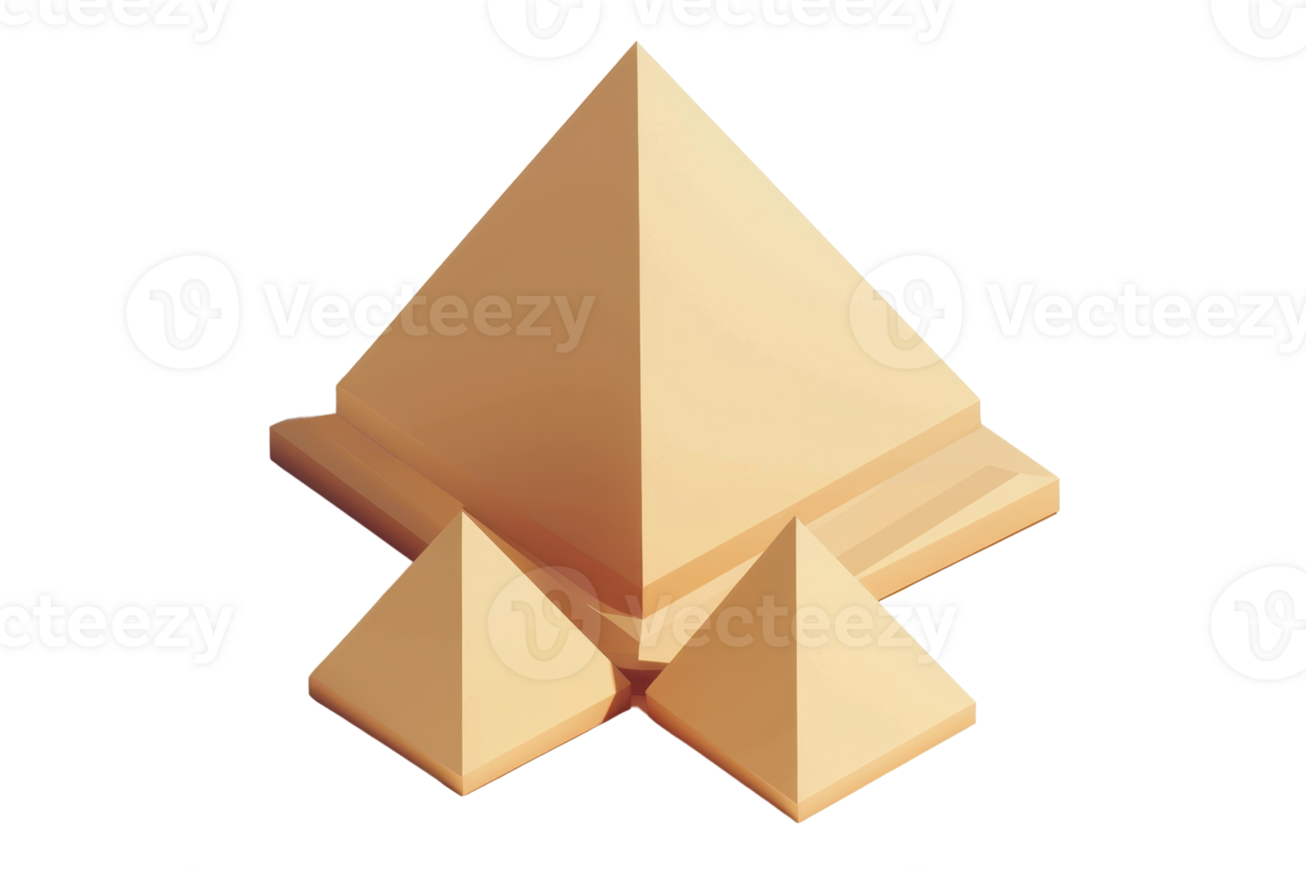 Three ancient Egyptian pyramids, large pyramid in the center and two smaller ones beside, symbolic structure in a desert setting. png