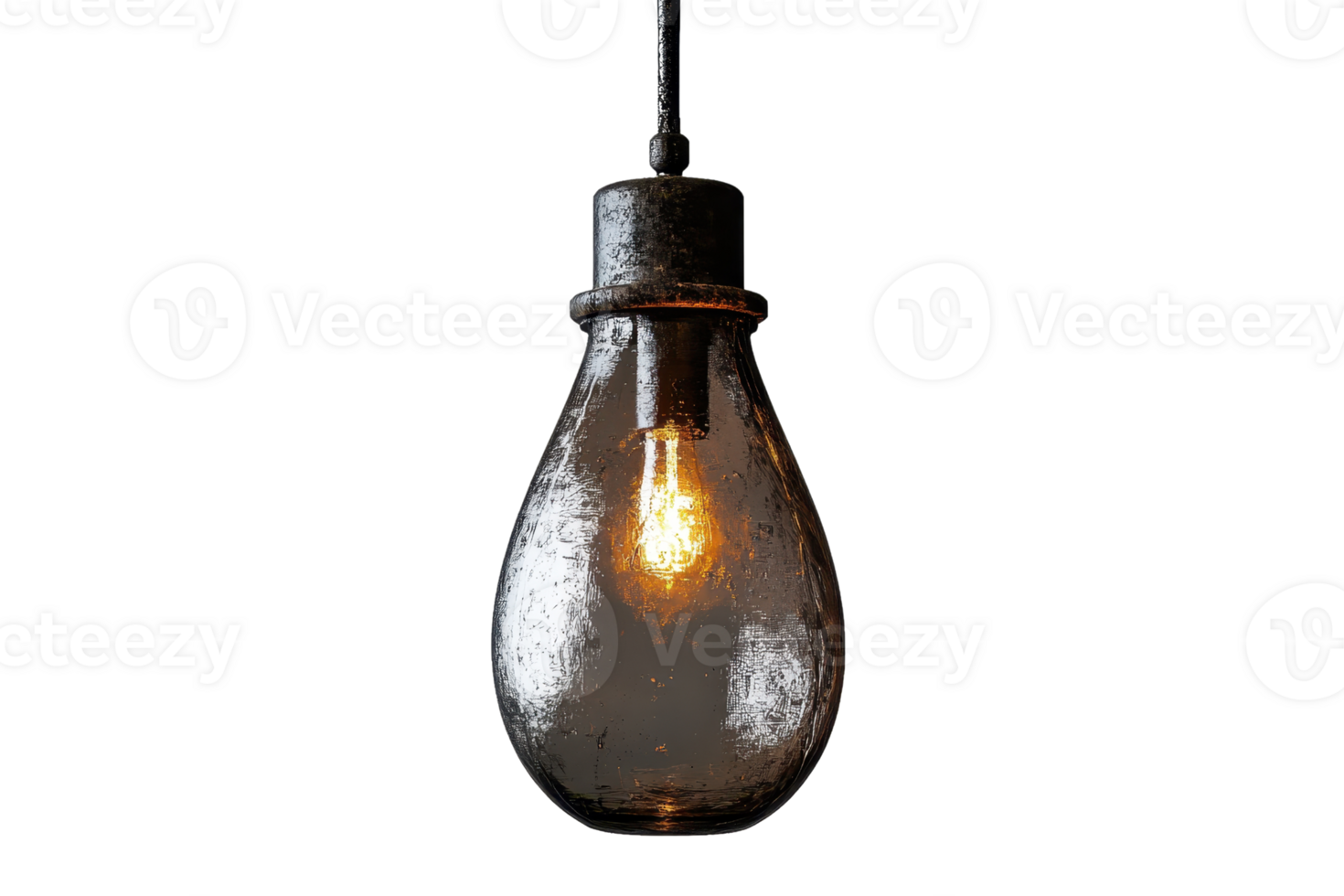 Vintage light bulb with glowing filament isolated on transparent background. showcasing industrial design and warm lighting in a minimalist style. png
