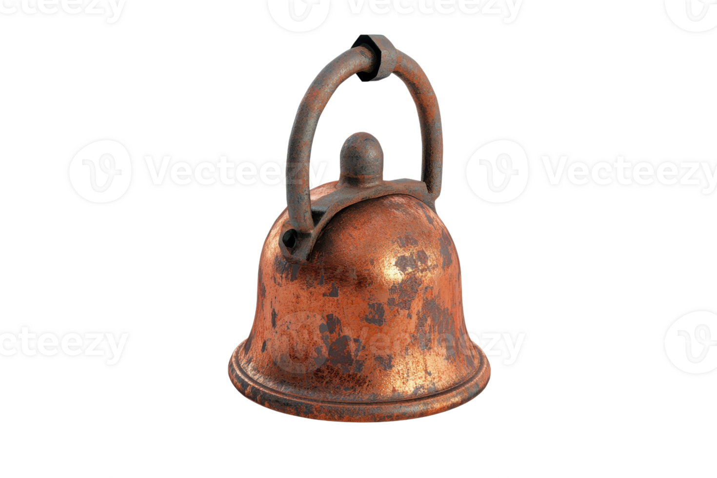Vintage rusted bronze bell isolated on transparent background. showcasing aged patina and weathered texture, with a sturdy handle. png