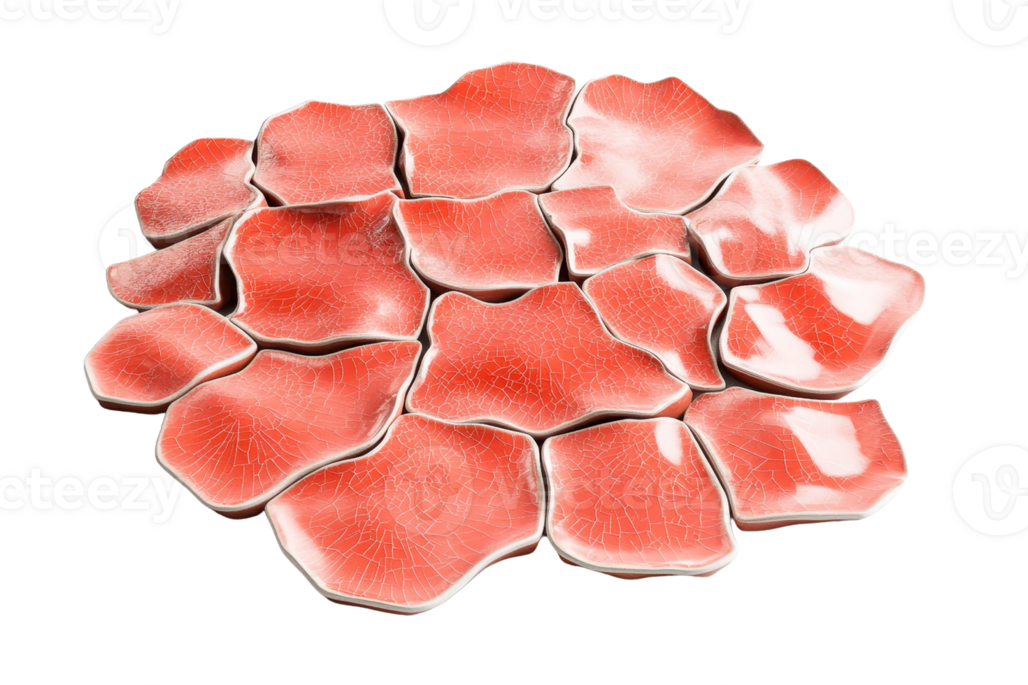 Abstract red and white textured ceramic tiles arranged in an irregular pattern, on a glossy transparent background. png