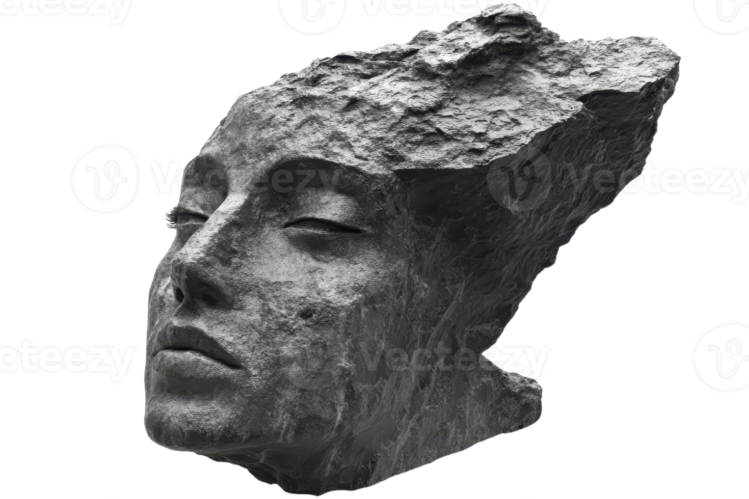 Abstract stone sculpture of a human face with unique textures and dramatic lighting, representing art and creativity. png