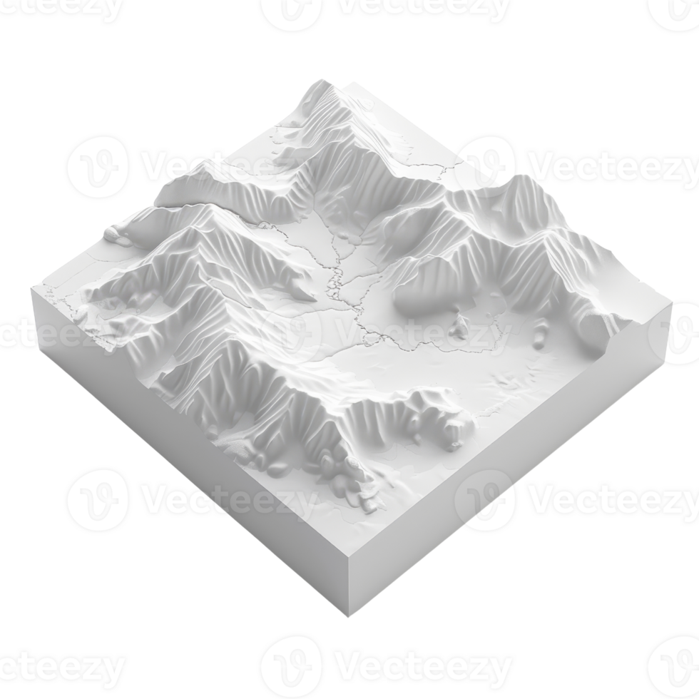 3D terrain model in white showcasing detailed mountain ranges and valleys, perfect for geographical and topographical studies. png
