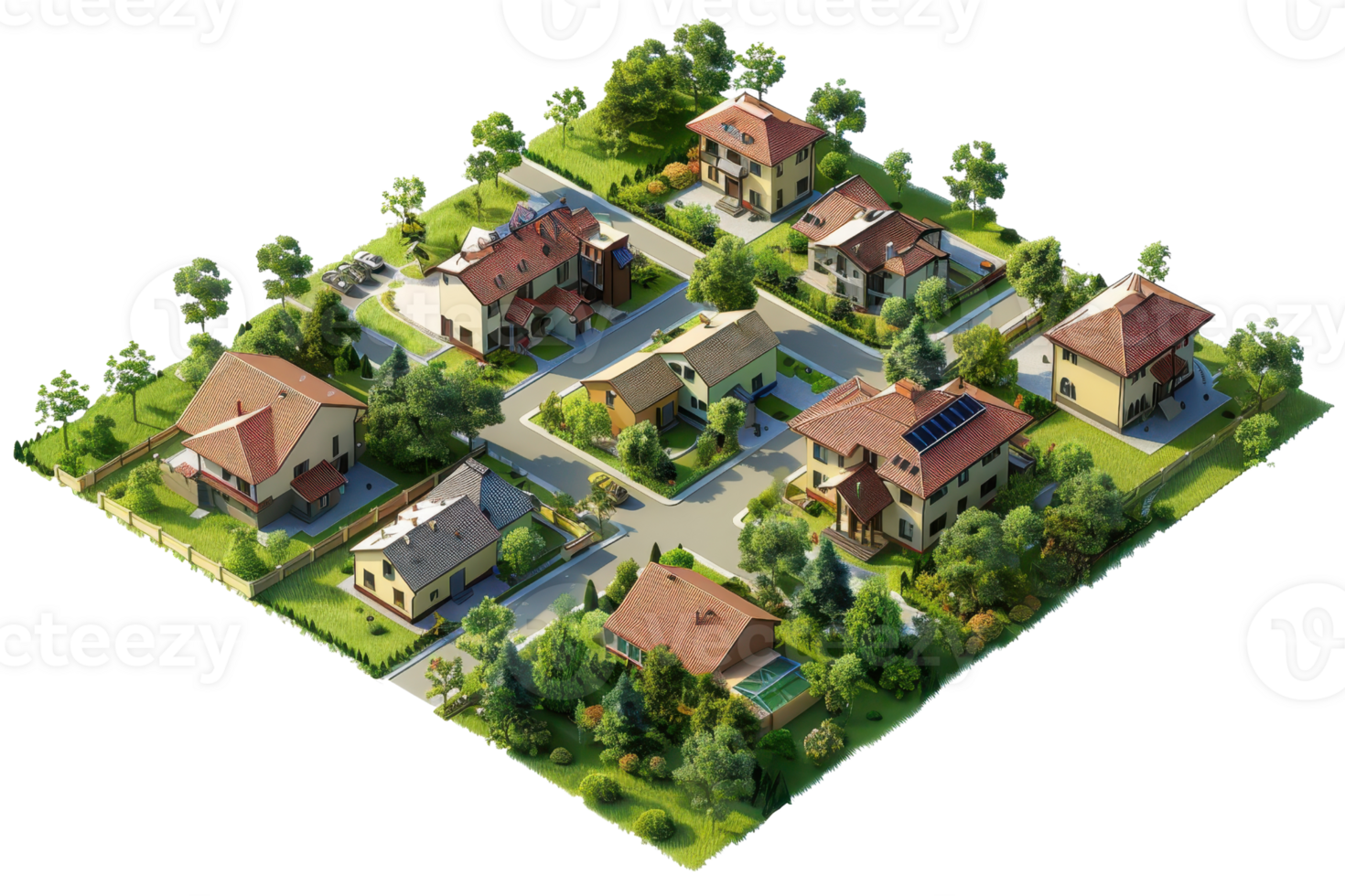 Aerial view of a modern suburban neighborhood with lush green surroundings, cozy homes, and well-maintained streets. png