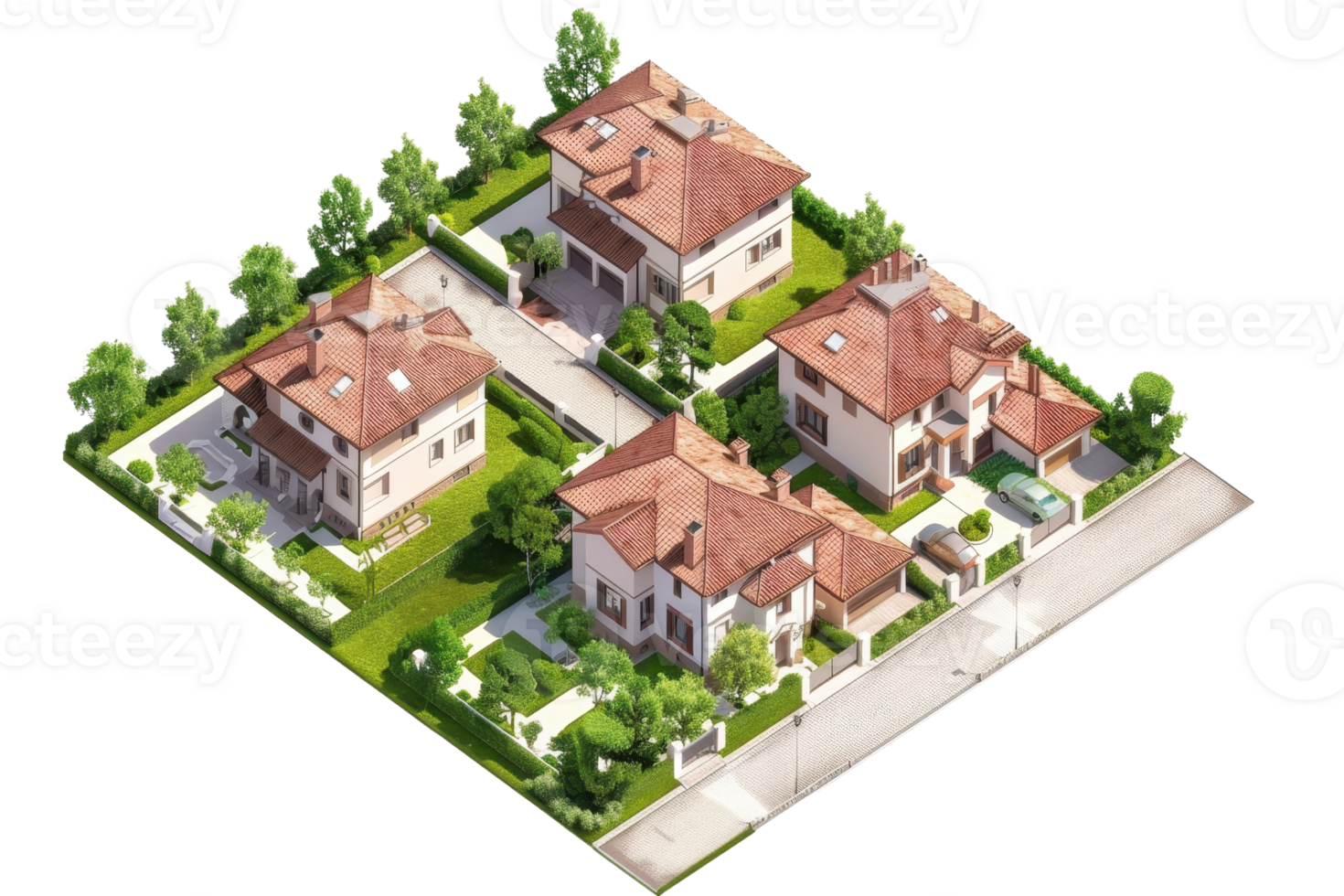 Aerial view of suburban neighborhood with four houses featuring red roofs, green lawns, trees, and driveways on a bright, sunny day. png