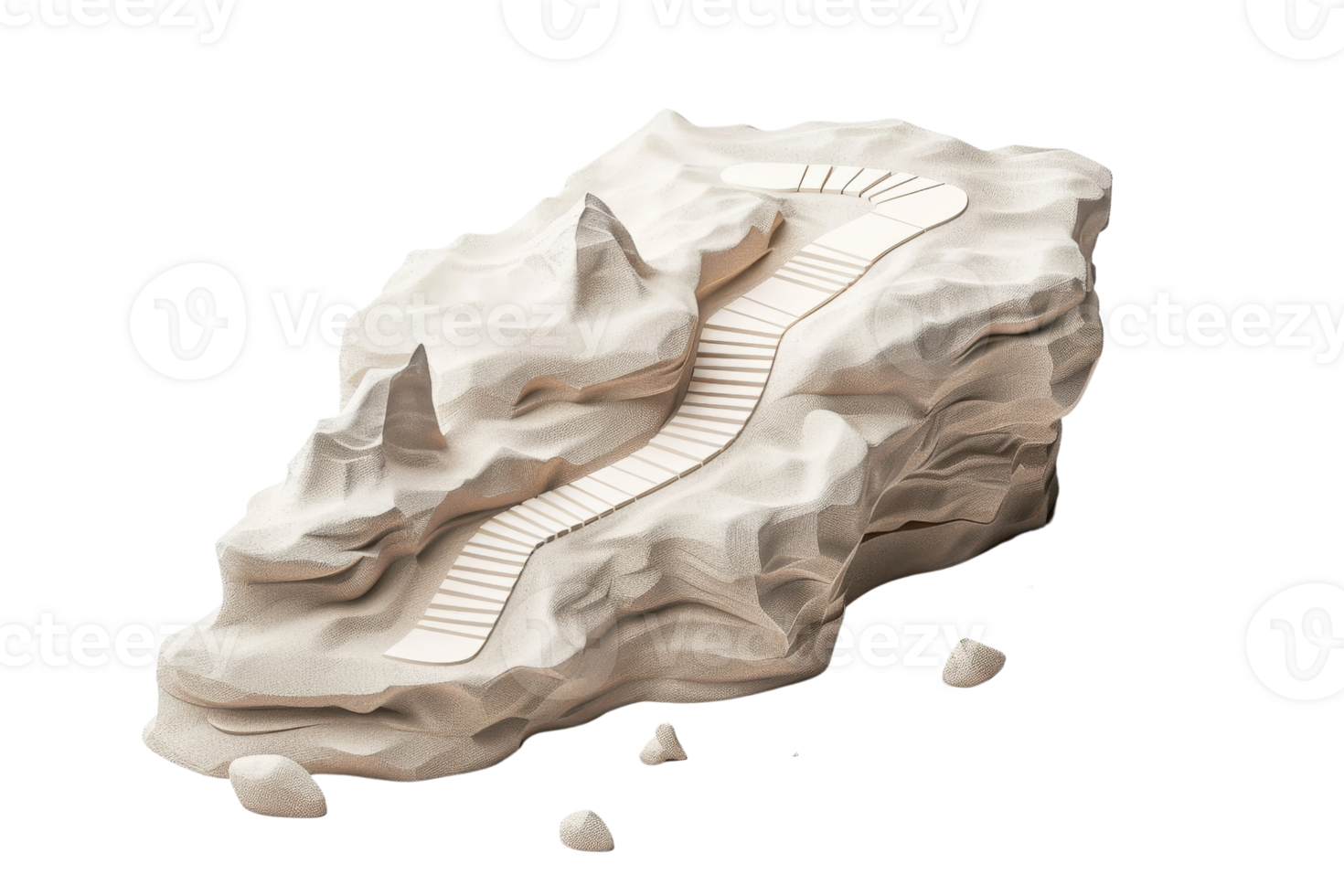 3D rendering of a rocky mountain with carved staircase, isolated on transparent background. Perfect for design or architectural projects. png