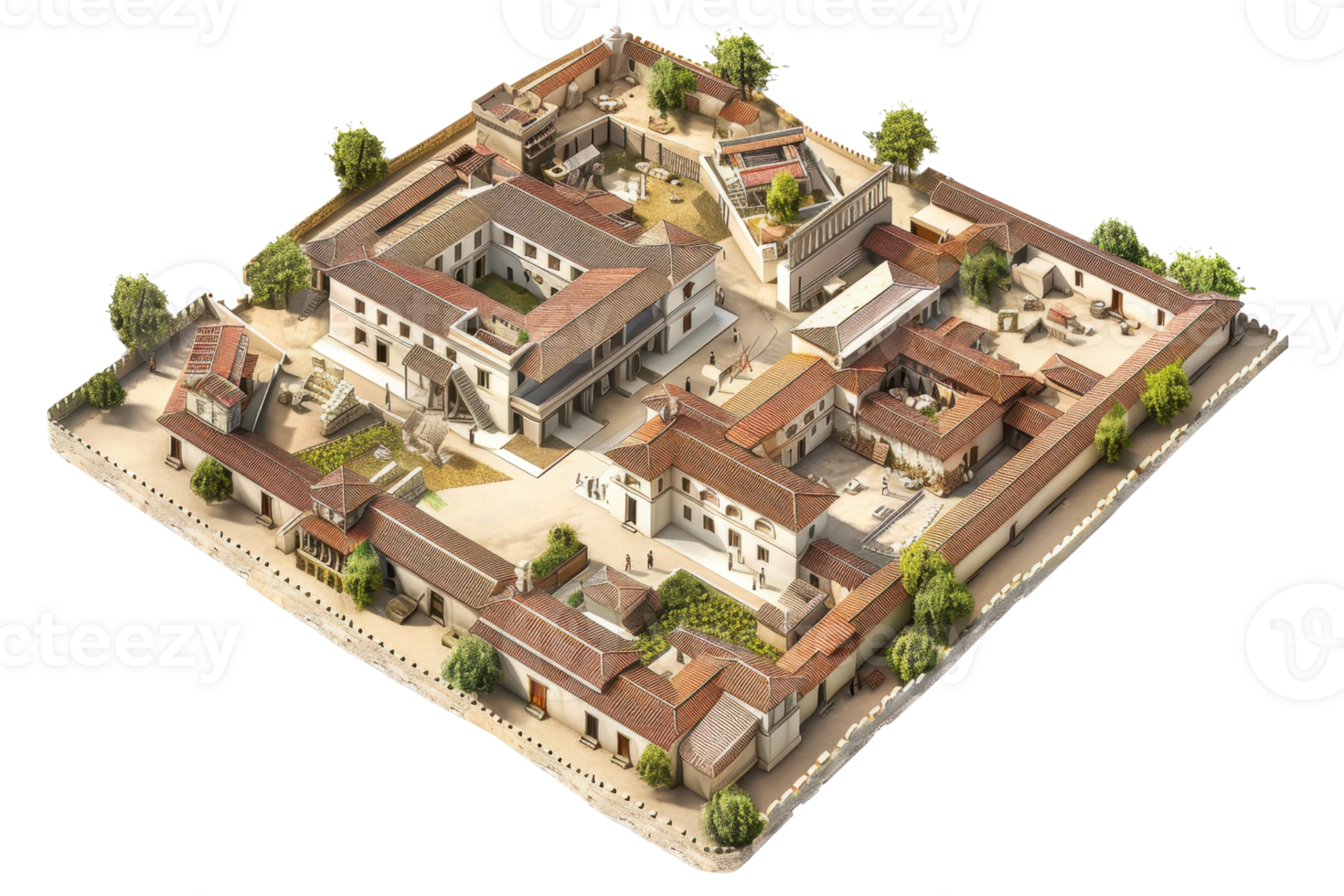 Aerial view of a detailed ancient Roman villa, showcasing historical architecture and intricate courtyard layout. png