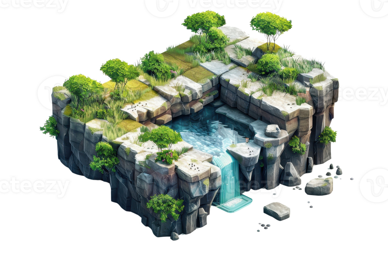 Beautiful 3D illustration of a lush, green, rocky landscape with a flowing waterfall and vibrant trees, set in a serene nature scene. png