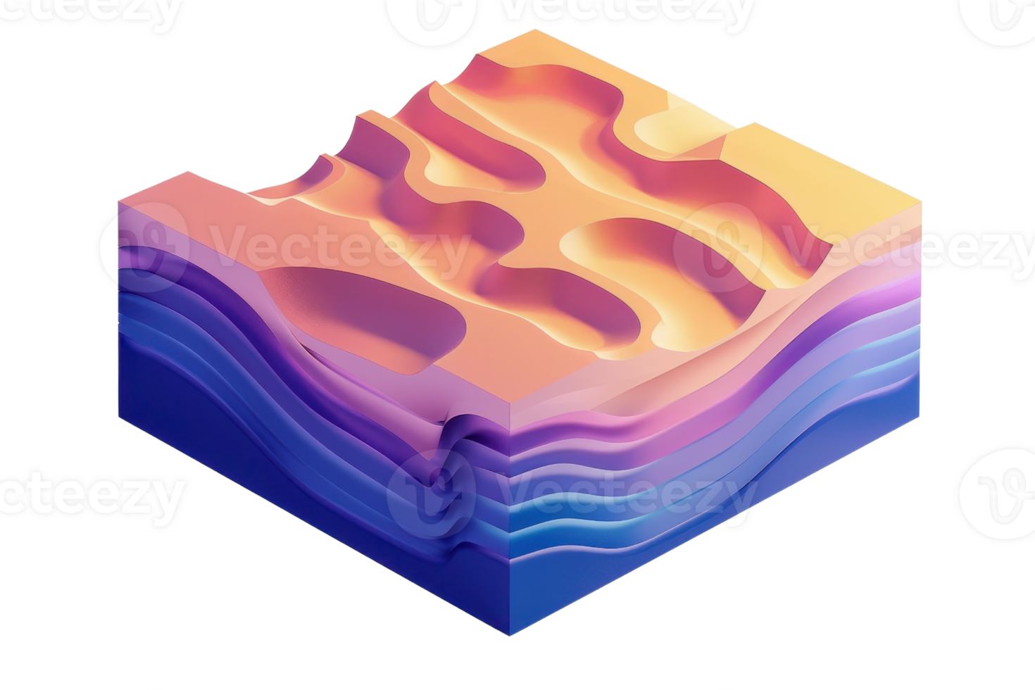 3D rendering of abstract topographic map layers in vibrant colors, showcasing terrain elevation and geological strata for scientific analysis. png
