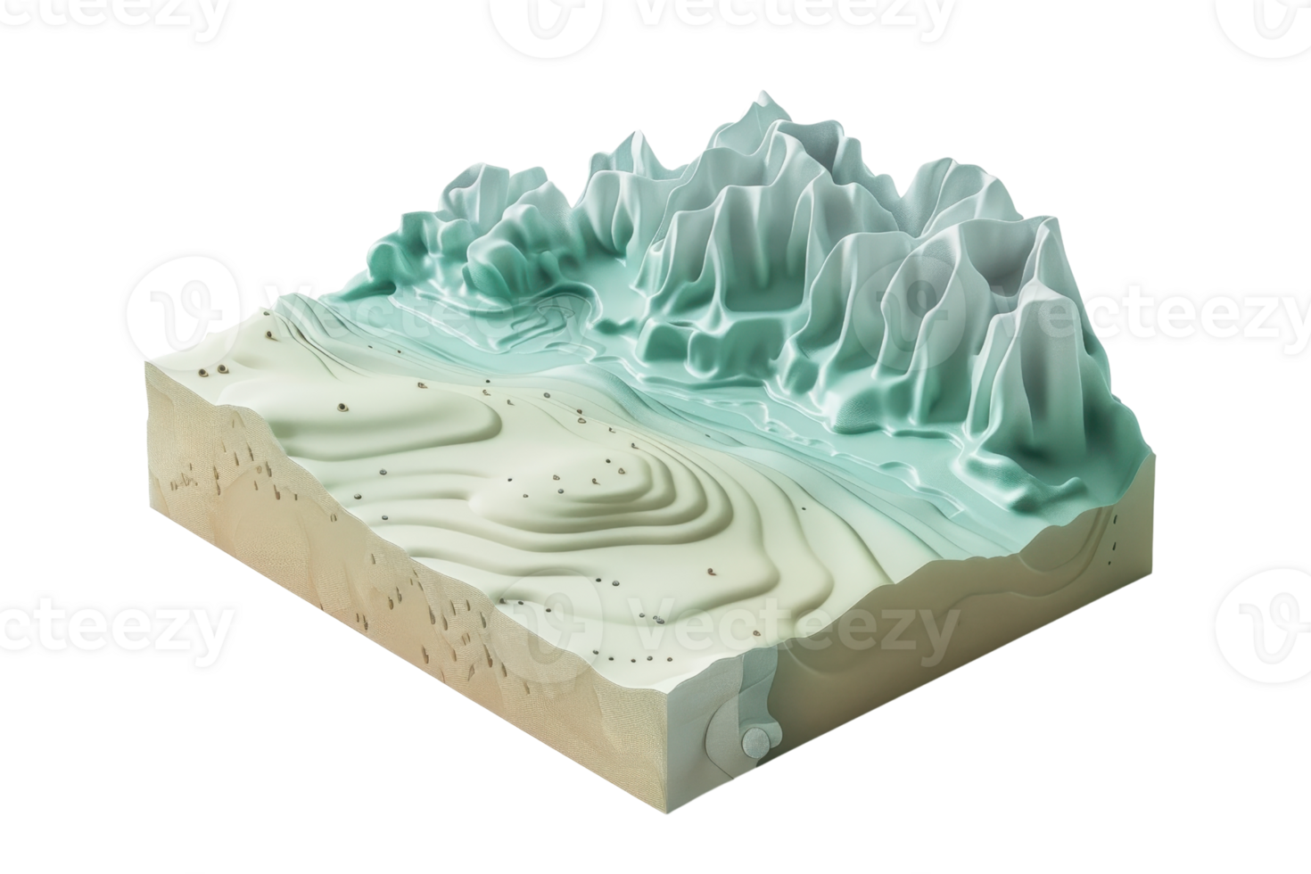 3D rendering of a topographic map model featuring a mountainous landscape with valleys, highlighting terrain elevation and geographical features. png