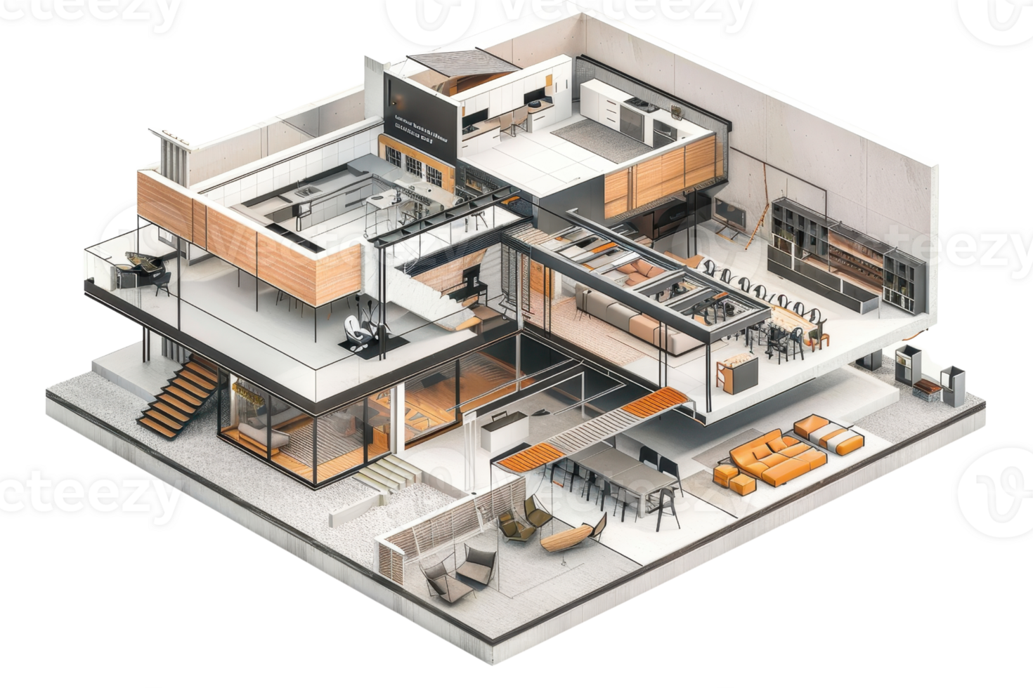3D rendering of a modern open-plan home interior, showcasing a multi-level layout with contemporary design elements. png