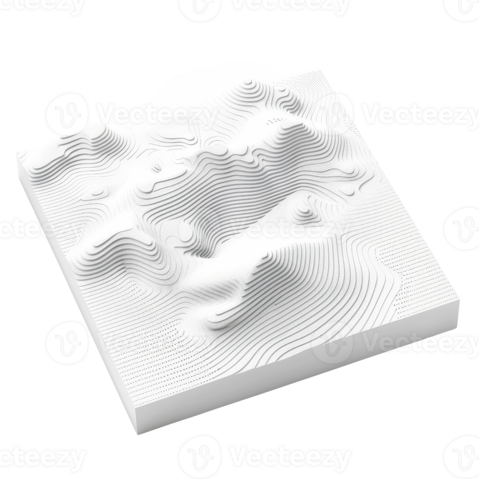 3D white topographic map model showcasing elevation contours and terrain features, ideal for presentations and educational purposes. png