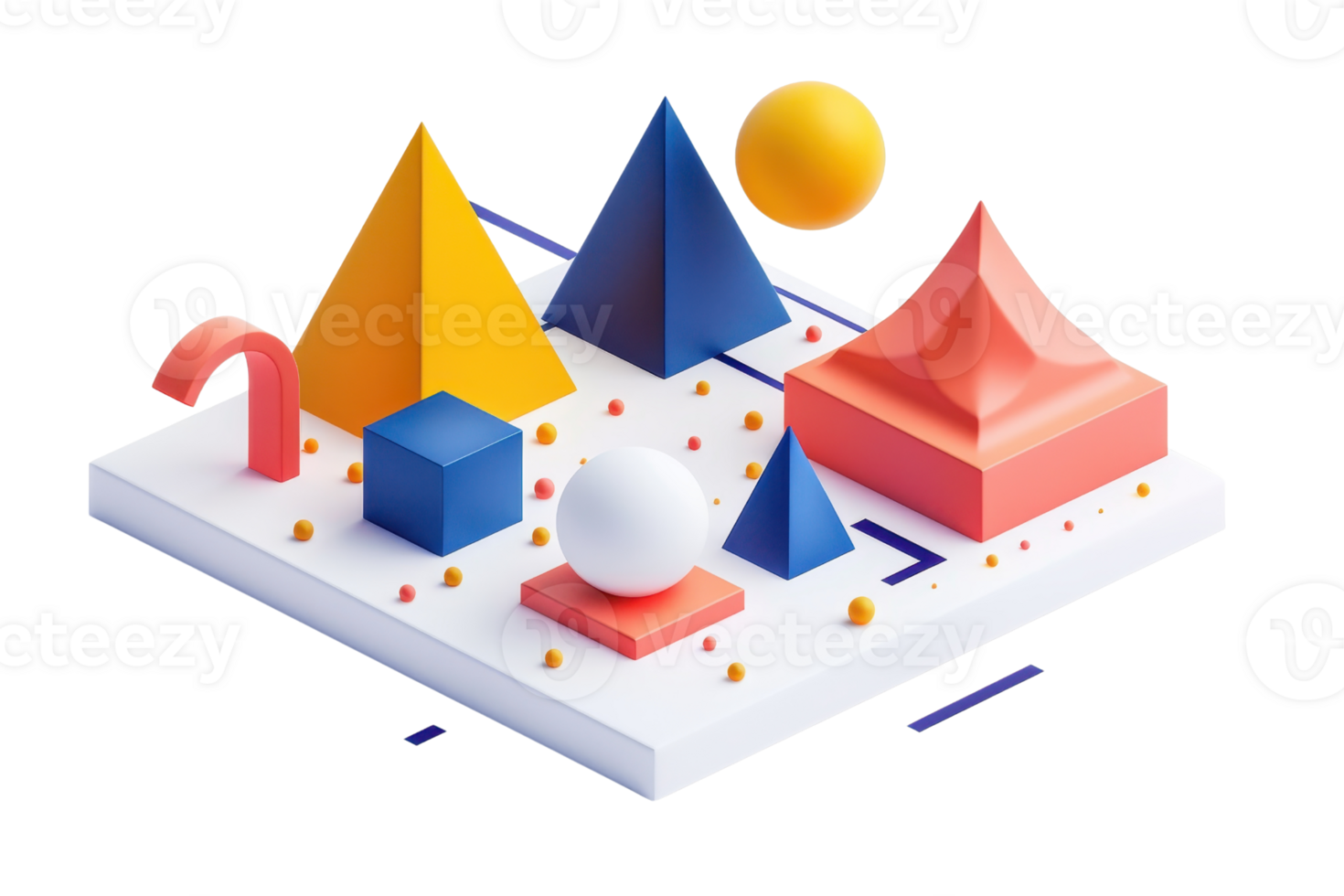 3D geometric shapes on a platform, featuring vibrant colors and unique forms, perfect for abstract and modern design concepts. png