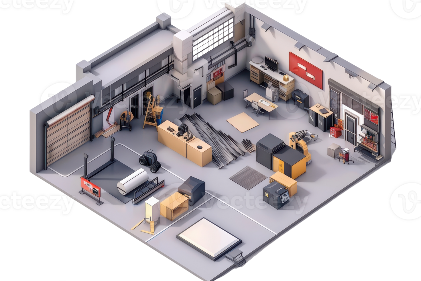 3D rendering of a modern industrial workshop with tools, equipment, and storage units, showcasing a well-organized workspace. png