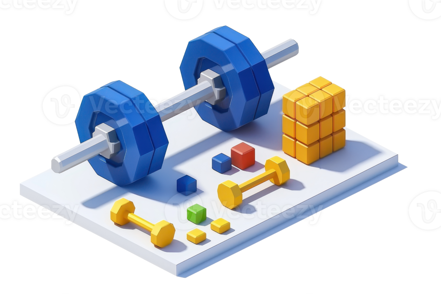 3D illustration featuring barbell, dumbbells, and cubes on a platform, ideal for topics related to fitness, exercise, and weightlifting. png