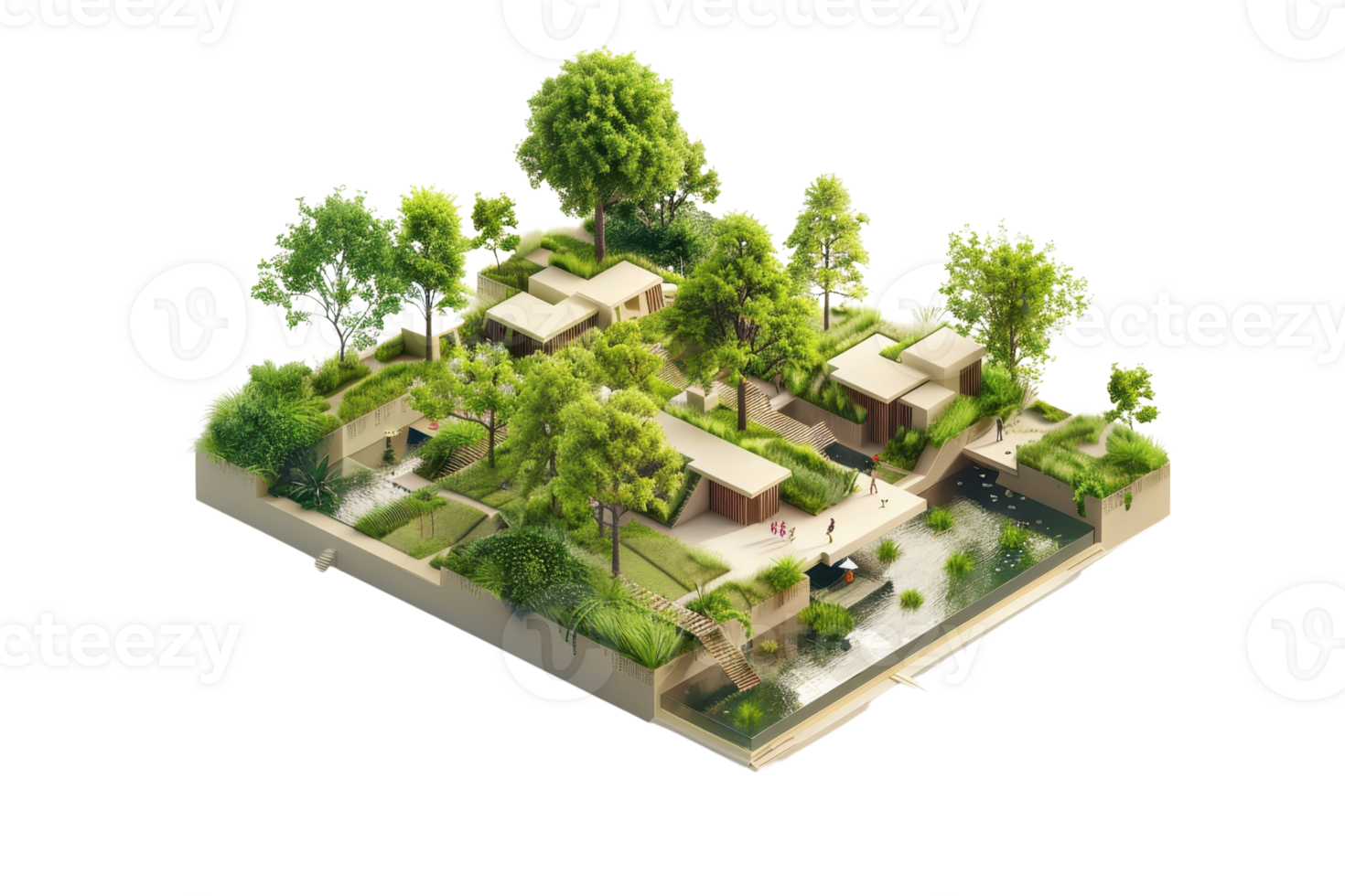 3D rendering of eco-friendly modular homes with green roofs and surrounding trees, providing sustainable living solutions. png