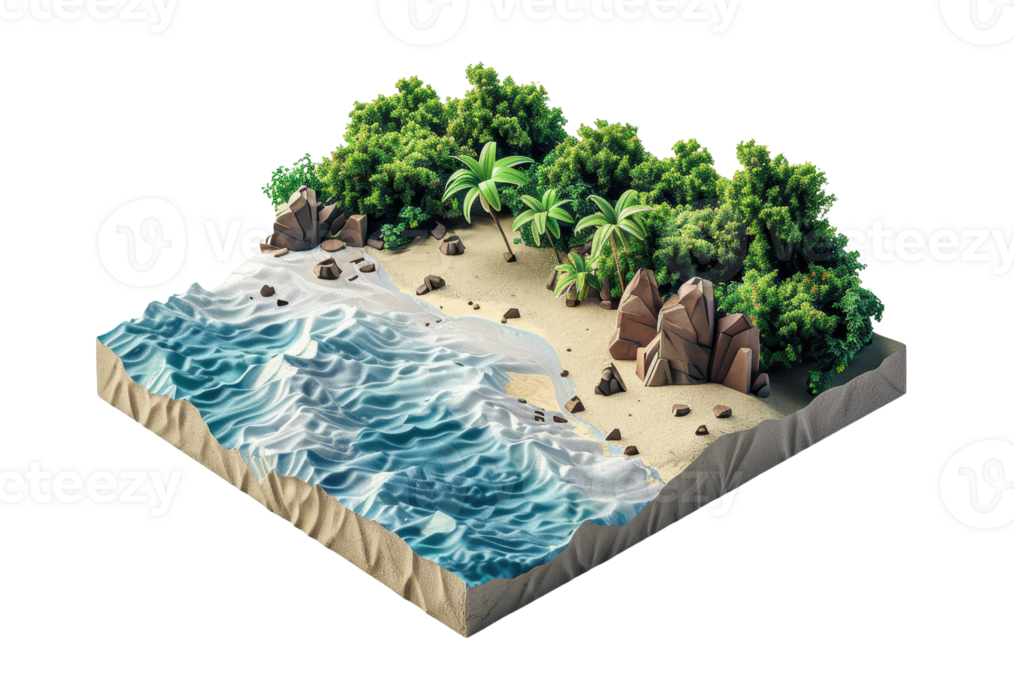3D illustration of a tropical beach with waves, sand, rocks, and lush green trees, creating a serene coastal scene. png