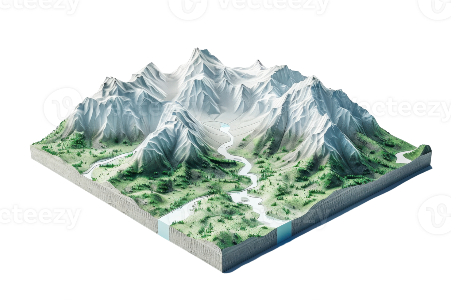 3D isometric illustration of a mountain range with snow-capped peaks, green valleys, and winding rivers, showcasing geographical terrain. png